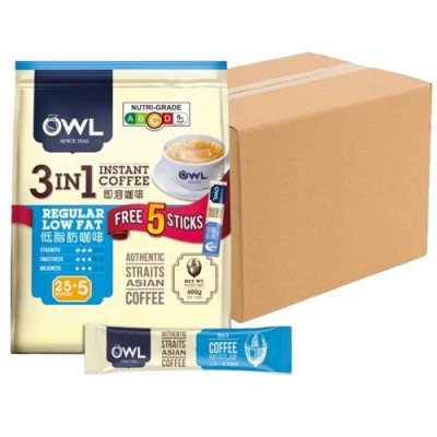 Owl 3-in-1 Instant Coffee Regular Low Fat (20 Packs, 25+5 Sachets Each)