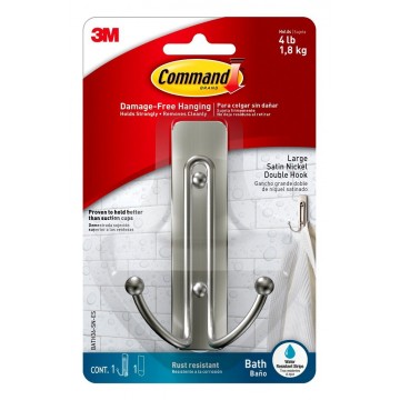 3M Command BATH36-SN-ES Damage-Free Hanging Bath Satin Nickel Rust Resistant Double Wire Hook w/Water Resistant Strips Large 1.8kg