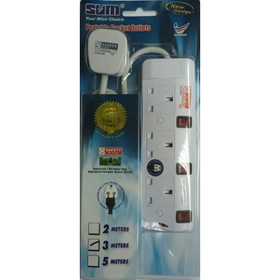 SUM 3-Way Portable Extension Socket Cable 3.0m with Neon and Surge Protector