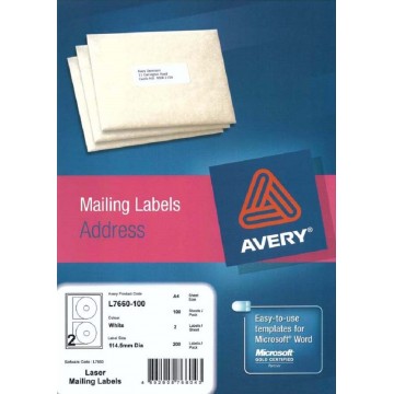 Avery White CD Labels 200'S 114.5mm